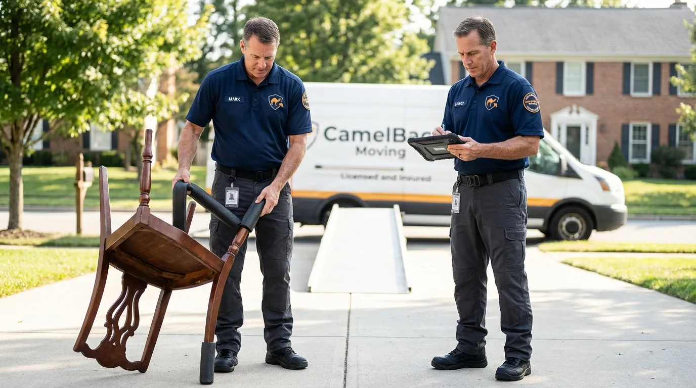 Movers inspecting furniture for damage prevention before loading in Stewartstown, PA