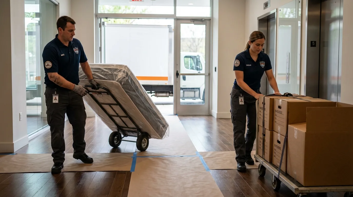 Professional apartment movers loading elevator in Stewartstown, PA